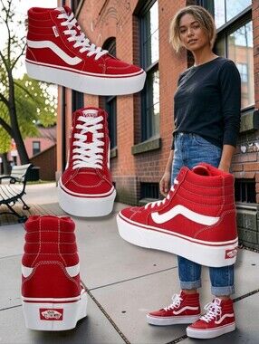 NEW ♥️ Vans Women's Filmore High Platform True White/Tango Red Canvas Sneakers